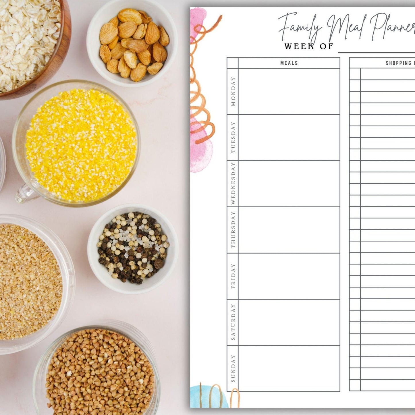 Meal Planner Printable, Weekly Food Diary, Meal Tracker, Food Journal, Menu Plan, Grocery List, Fitness, Health, Minimalist | PDF download