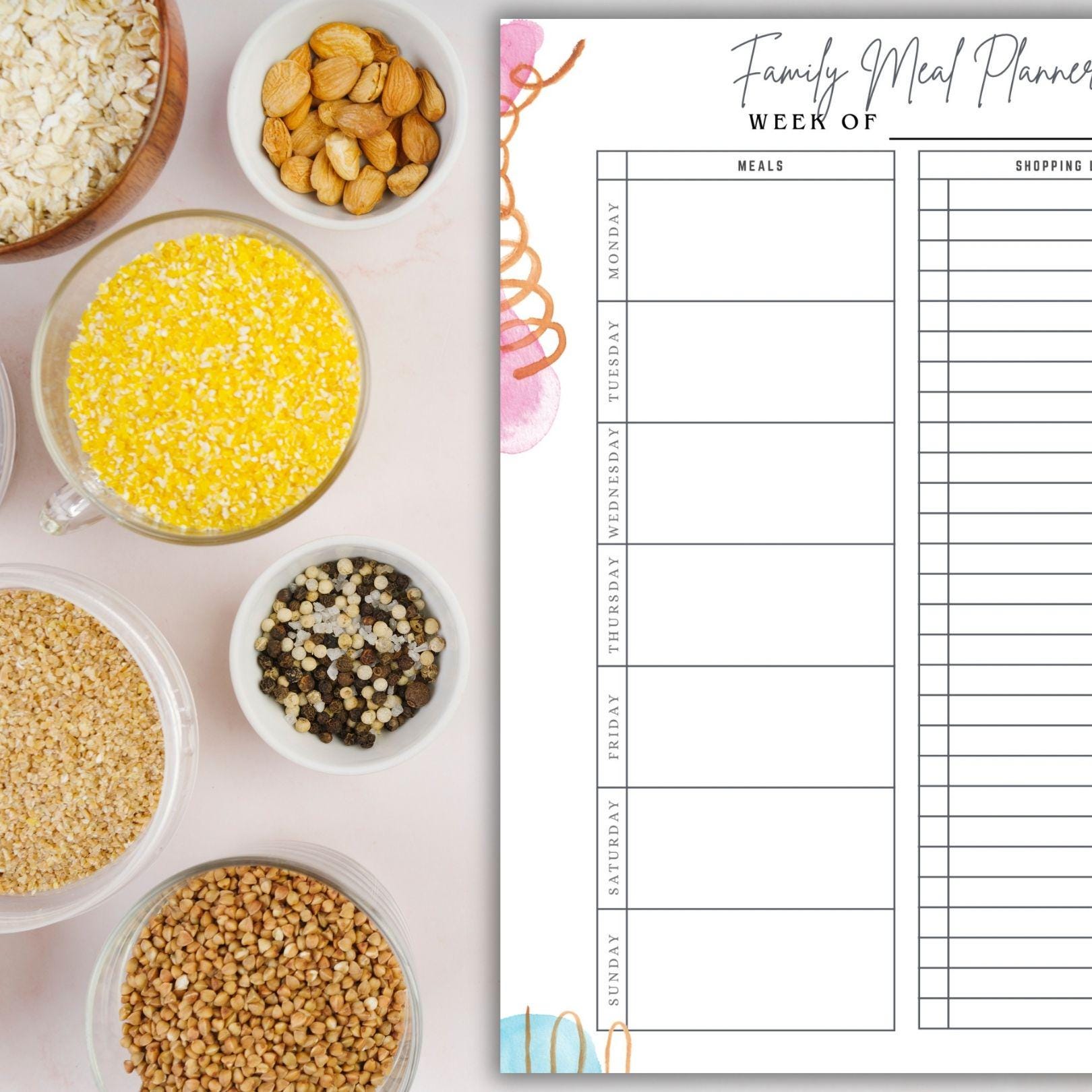 Meal Planner Printable, Weekly Food Diary, Meal Tracker, Food Journal, Menu Plan, Grocery List, Fitness, Health, Minimalist | PDF download