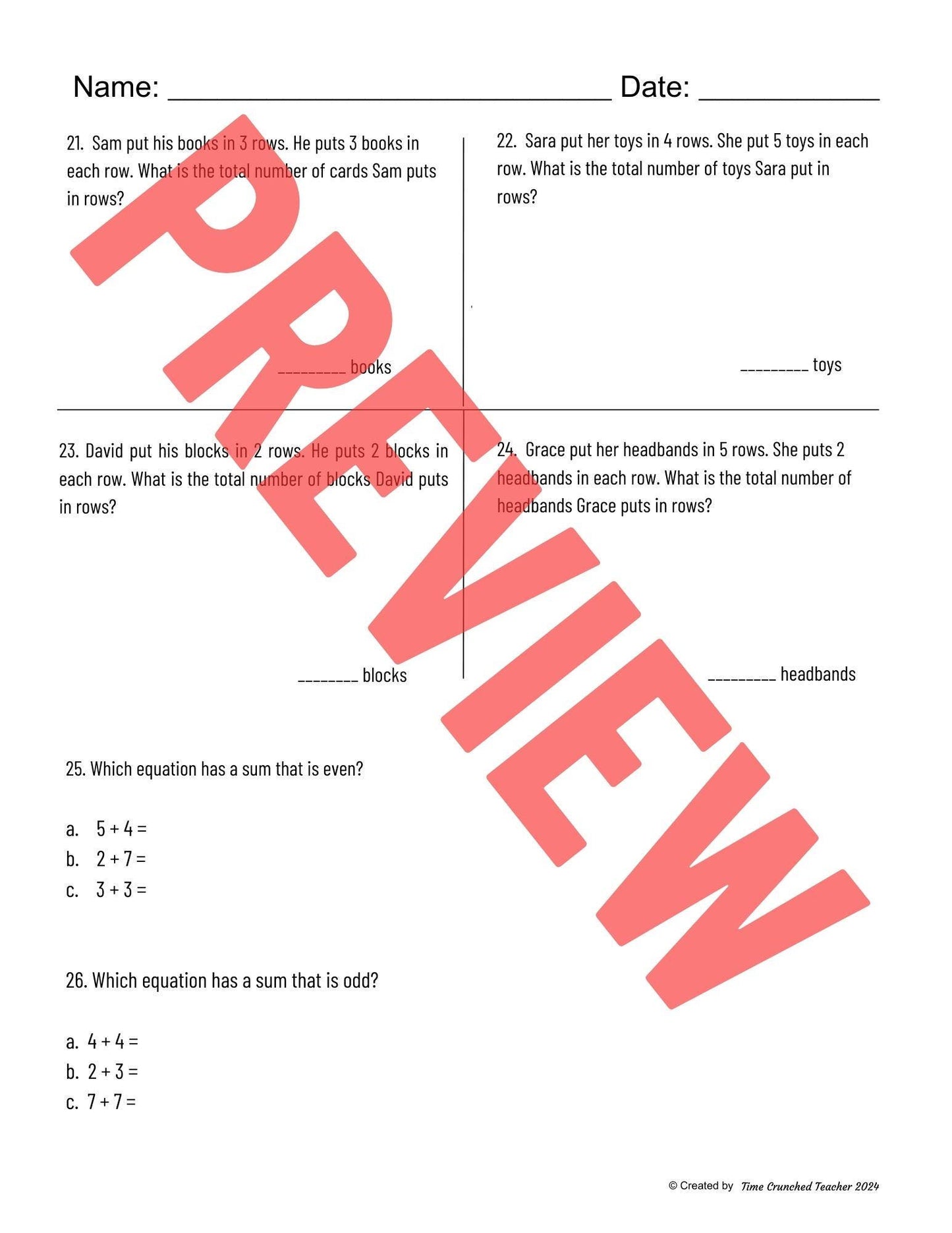 Printable 2nd Grade Go Math Ch. 4 : Equal Groups | Math Practice Test | Even and Odd Math Lesson | Printable Math Practice | 2nd Grade