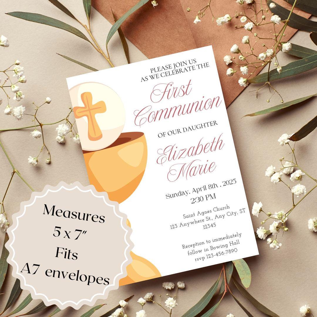 Printable First Communion Invitation | Holy Communion Card | Editable First Communion Invitation | Catholic Sacraments | Canva Template
