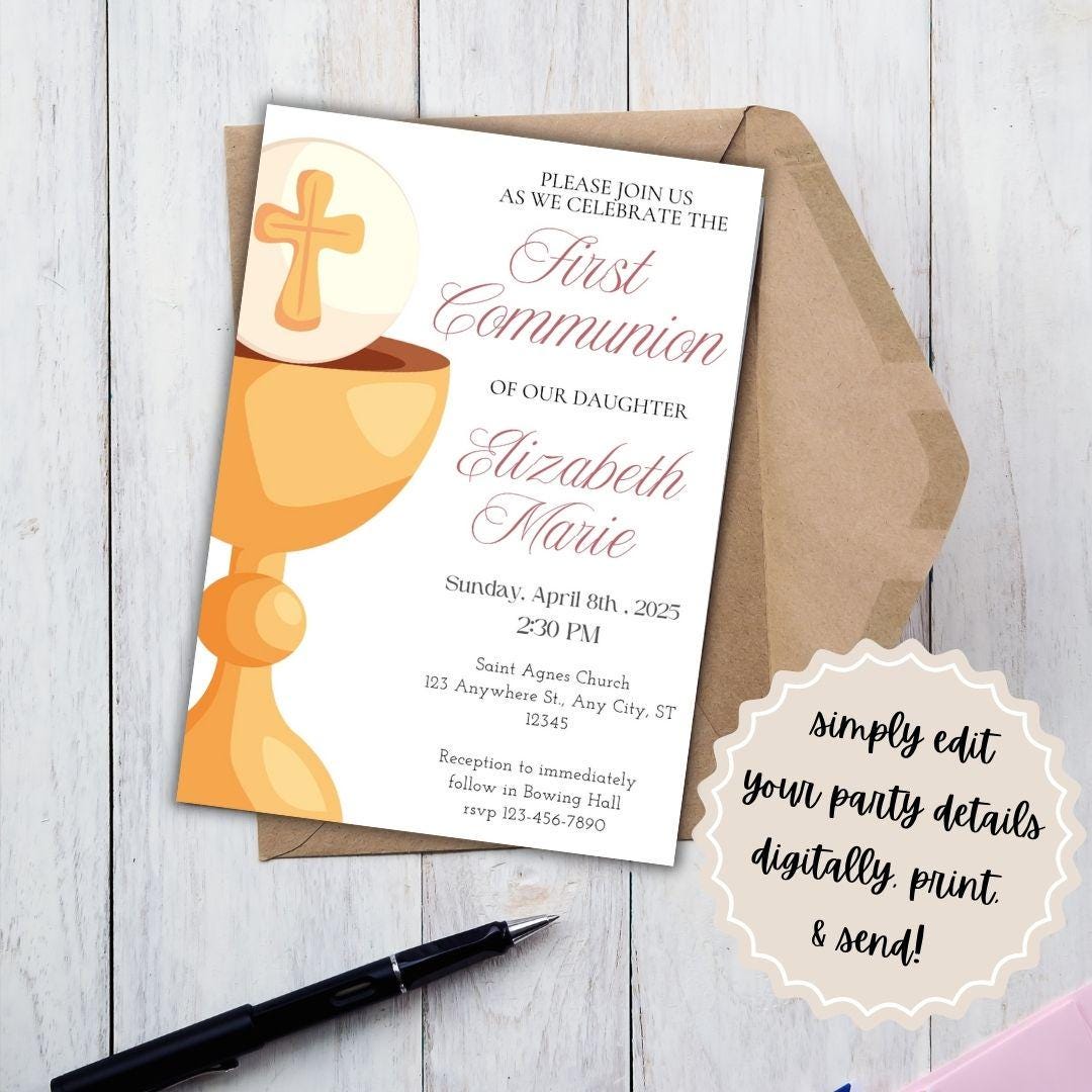 Printable First Communion Invitation | Holy Communion Card | Editable First Communion Invitation | Catholic Sacraments | Canva Template
