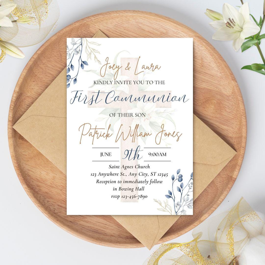 Printable First Communion Invitation | Holy Communion Card | Editable First Communion Invitation | Catholic Sacraments | Canva Template