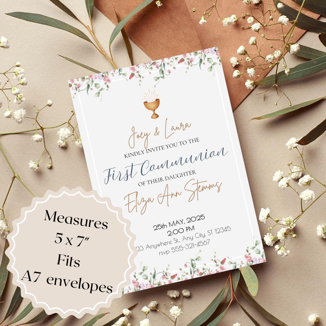 Printable First Communion Invitation | Holy Communion Card | Editable First Communion Invitation | Catholic Sacraments | Canva Template