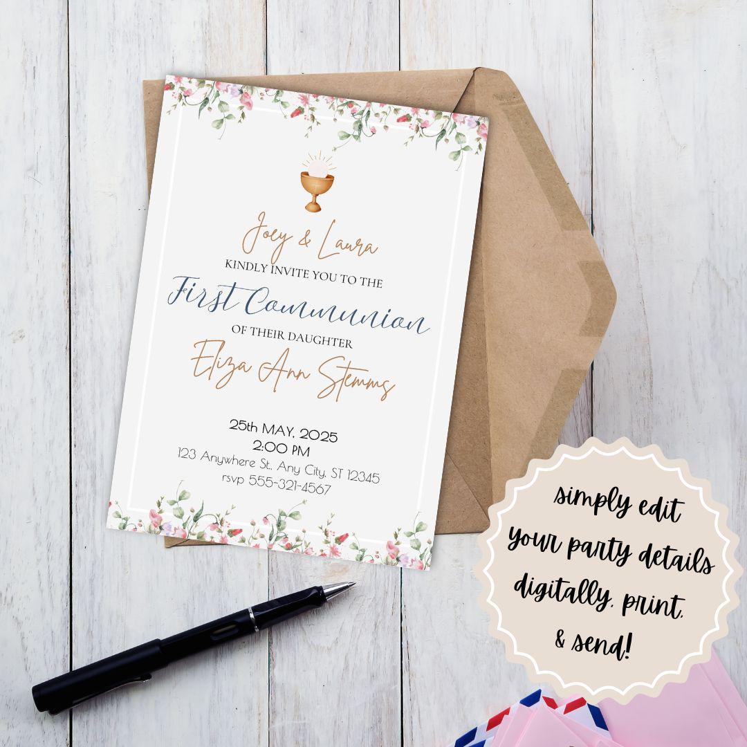 Printable First Communion Invitation | Holy Communion Card | Editable First Communion Invitation | Catholic Sacraments | Canva Template