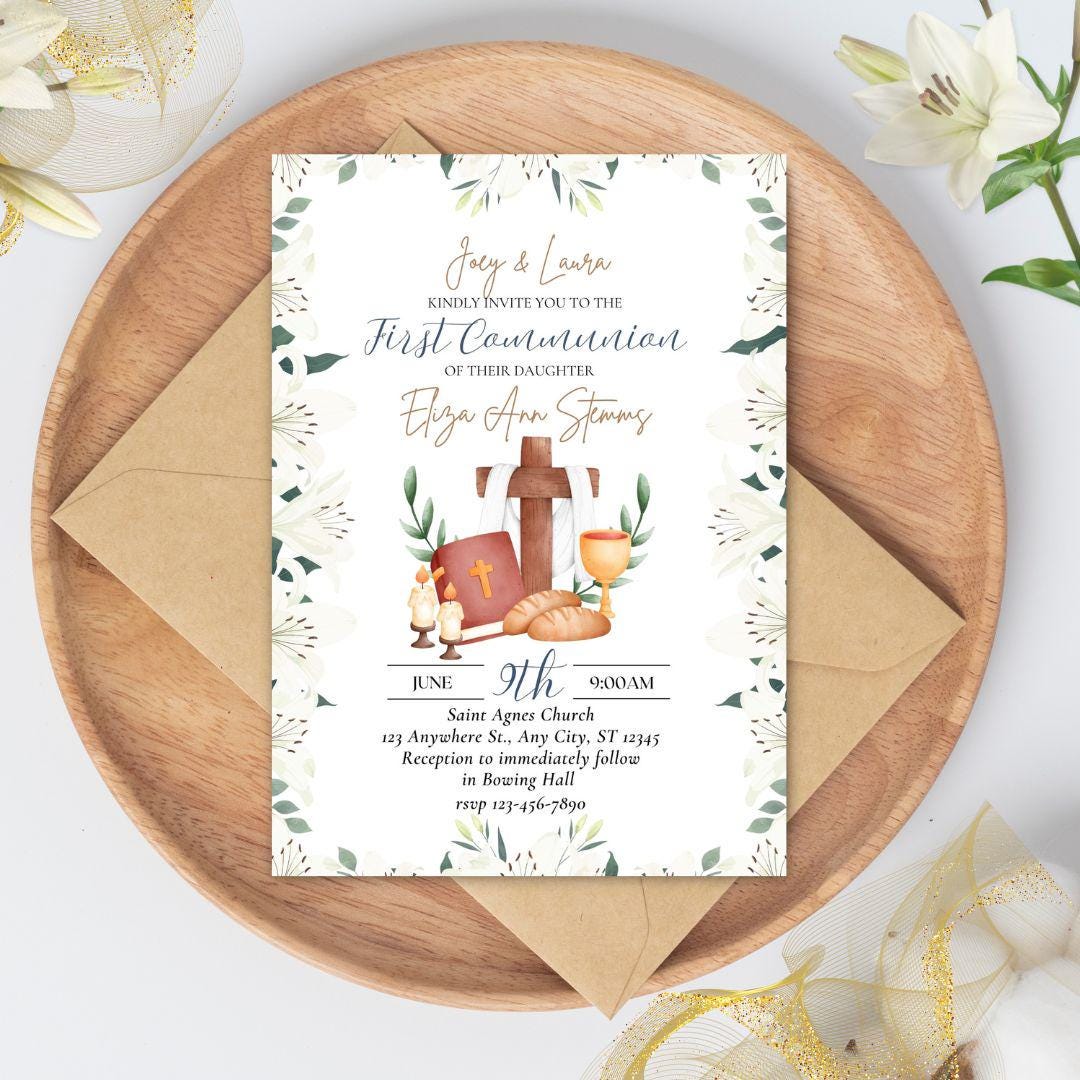 Printable First Communion Invitation | Holy Communion Card | Editable First Communion Invitation | Catholic Sacraments | Canva Template