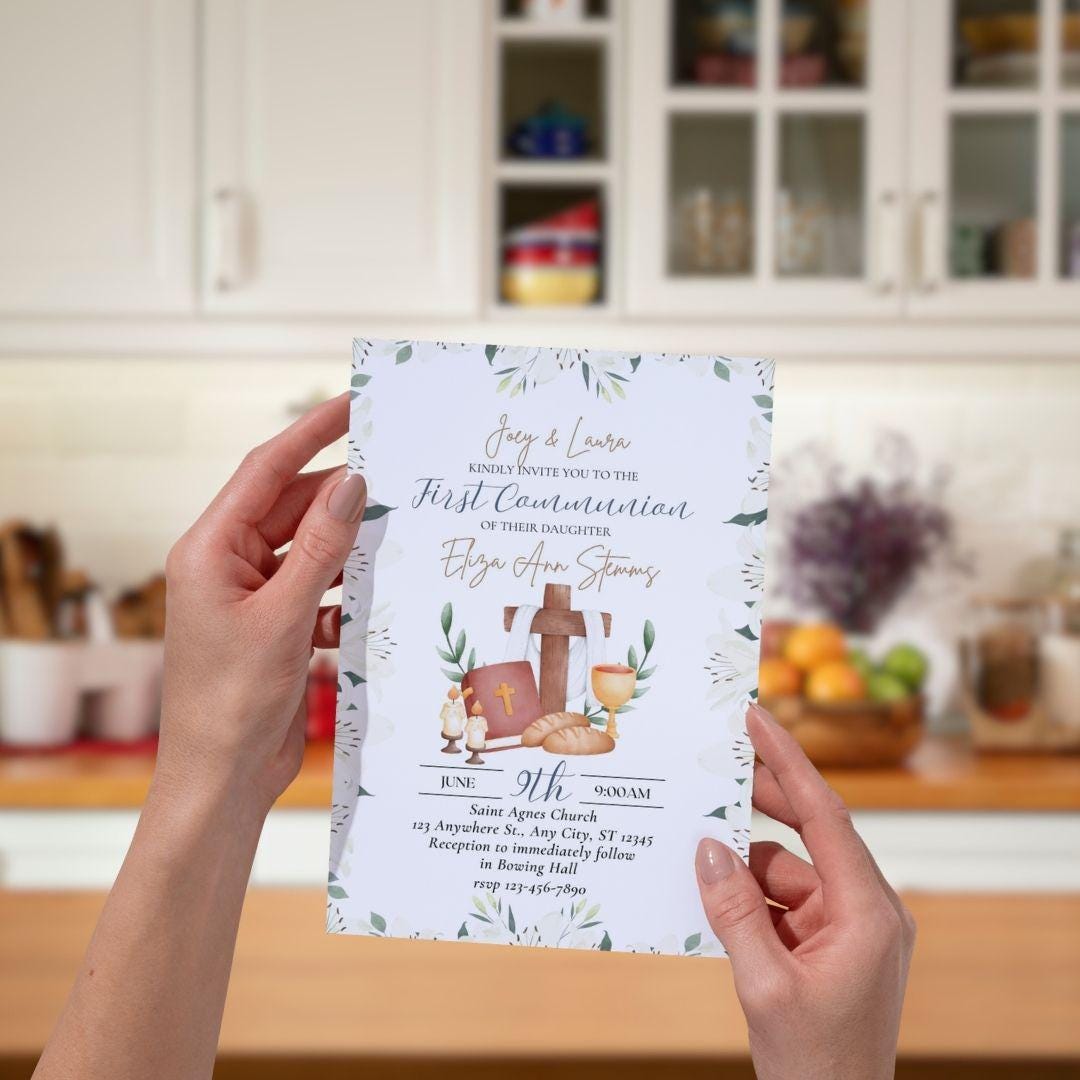 Printable First Communion Invitation | Holy Communion Card | Editable First Communion Invitation | Catholic Sacraments | Canva Template