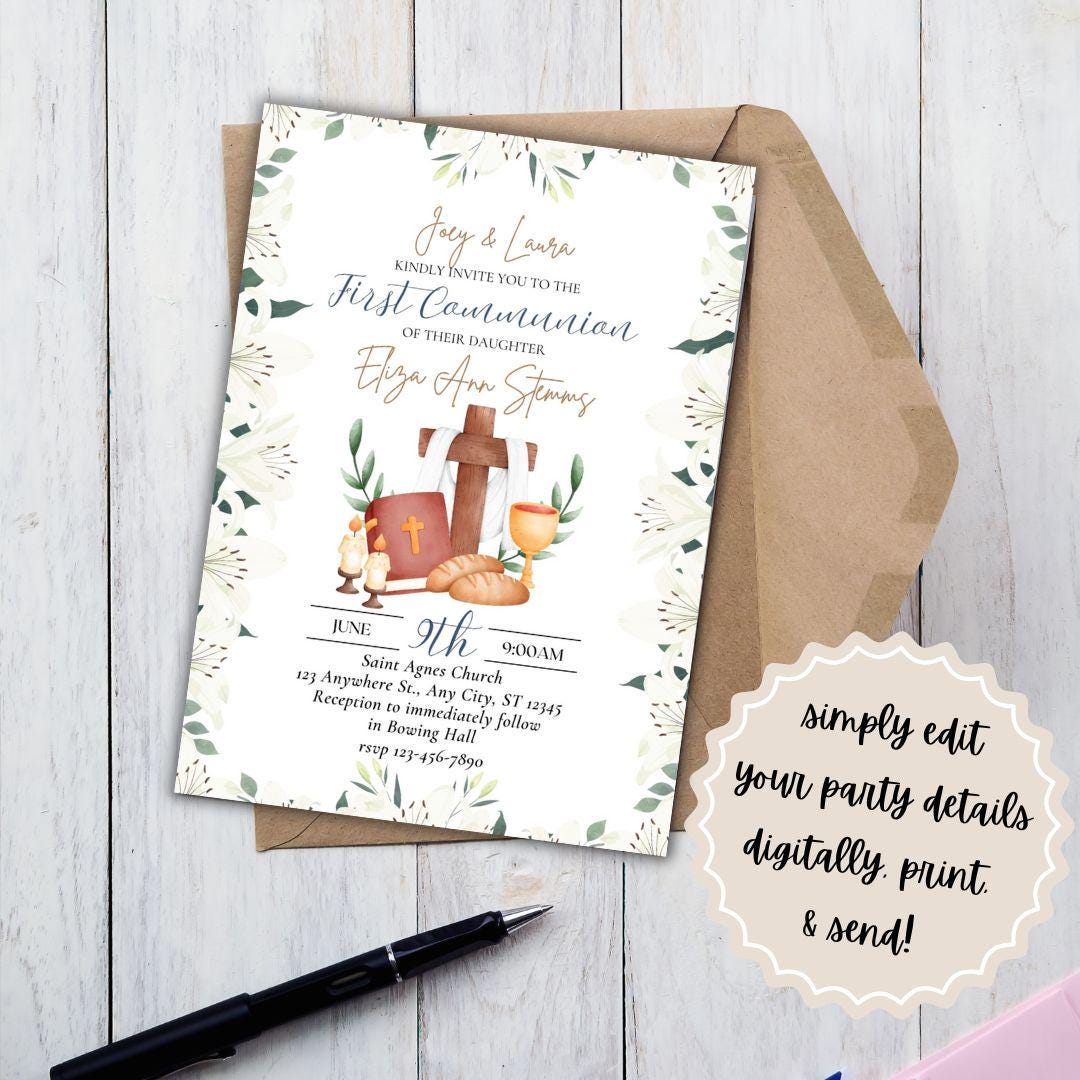 Printable First Communion Invitation | Holy Communion Card | Editable First Communion Invitation | Catholic Sacraments | Canva Template