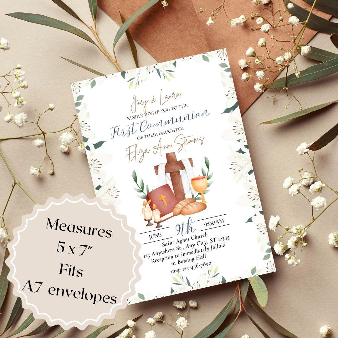 Printable First Communion Invitation | Holy Communion Card | Editable First Communion Invitation | Catholic Sacraments | Canva Template