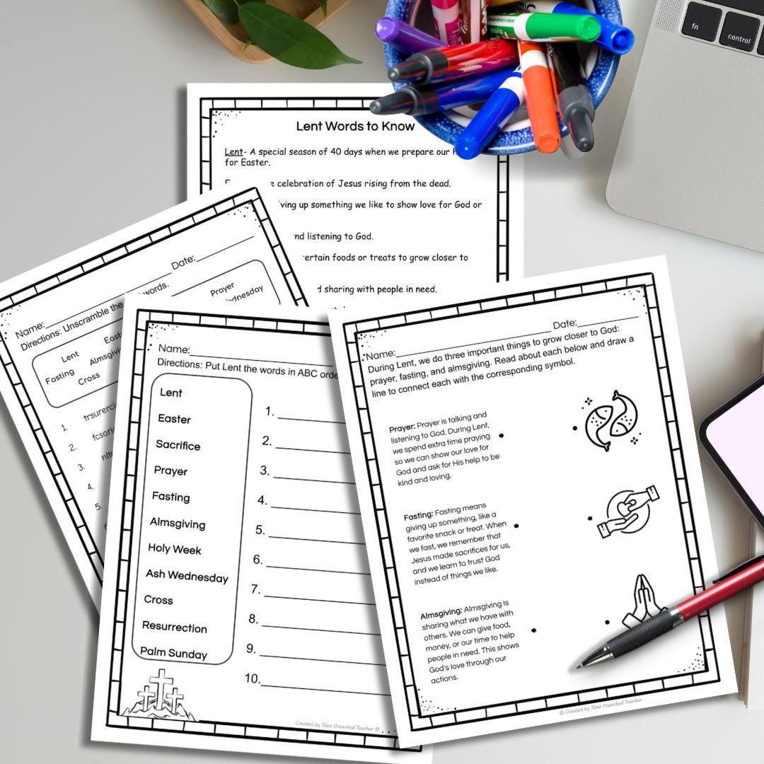 Printable Catholic Lent Unit: 10 Pages of Lent Activities for kids | Church Seasons Lesson | Catholic Sunday School | Lent Lesson for Kids