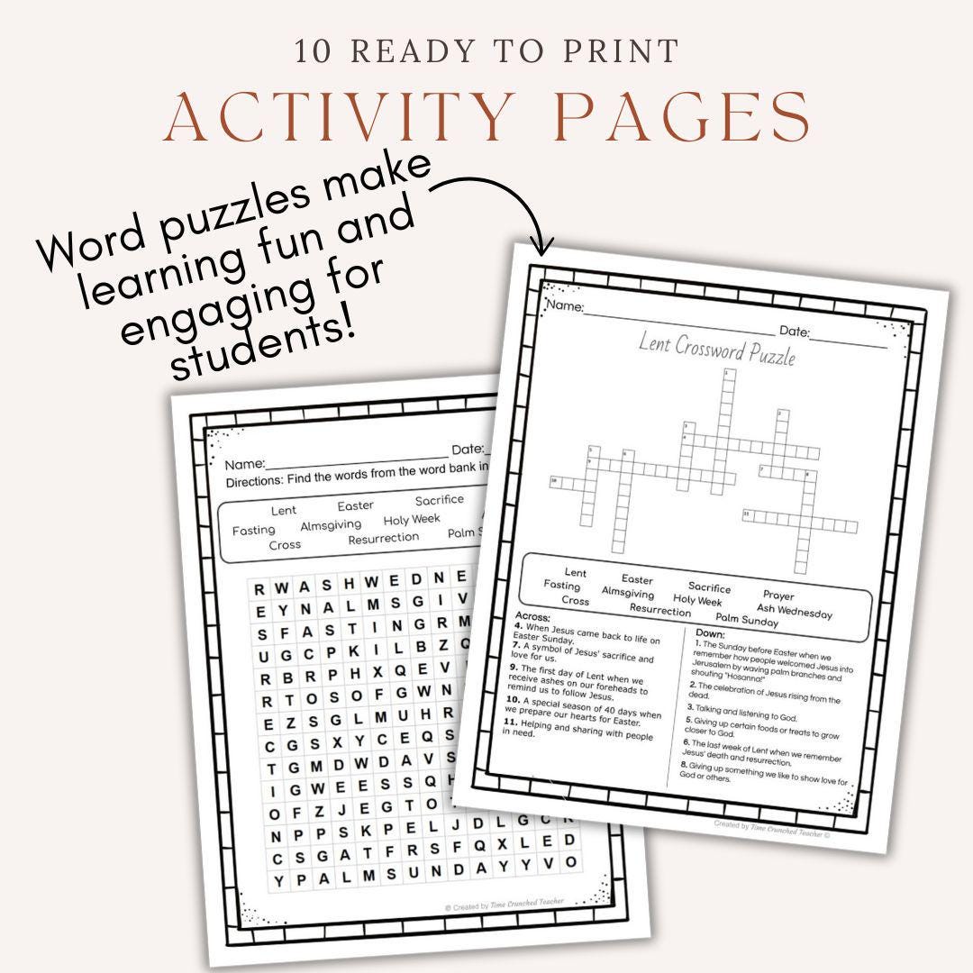 Printable Catholic Lent Unit: 10 Pages of Lent Activities for kids | Church Seasons Lesson | Catholic Sunday School | Lent Lesson for Kids