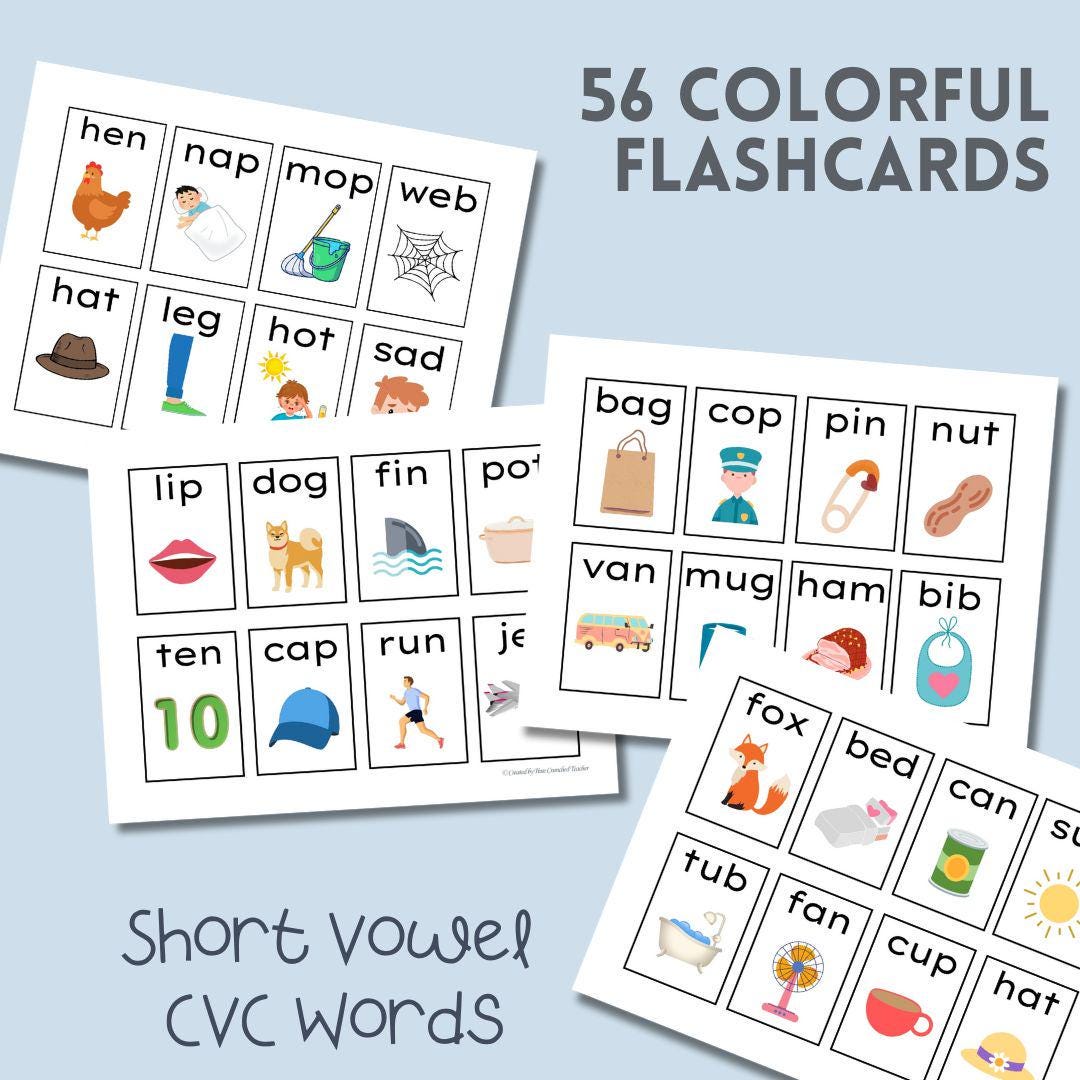 Short Vowel Flashcards | CVC Words with Pictures | Kindergarten Phonics | digital download | Emergent Literacy | Vowel Matching Game