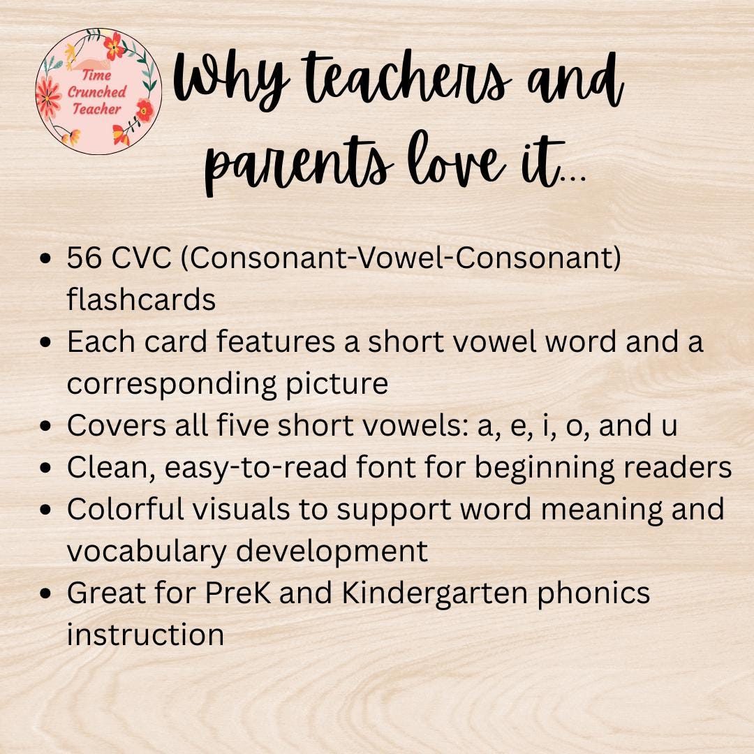 Short Vowel Flashcards | CVC Words with Pictures | Kindergarten Phonics | digital download | Emergent Literacy | Vowel Matching Game