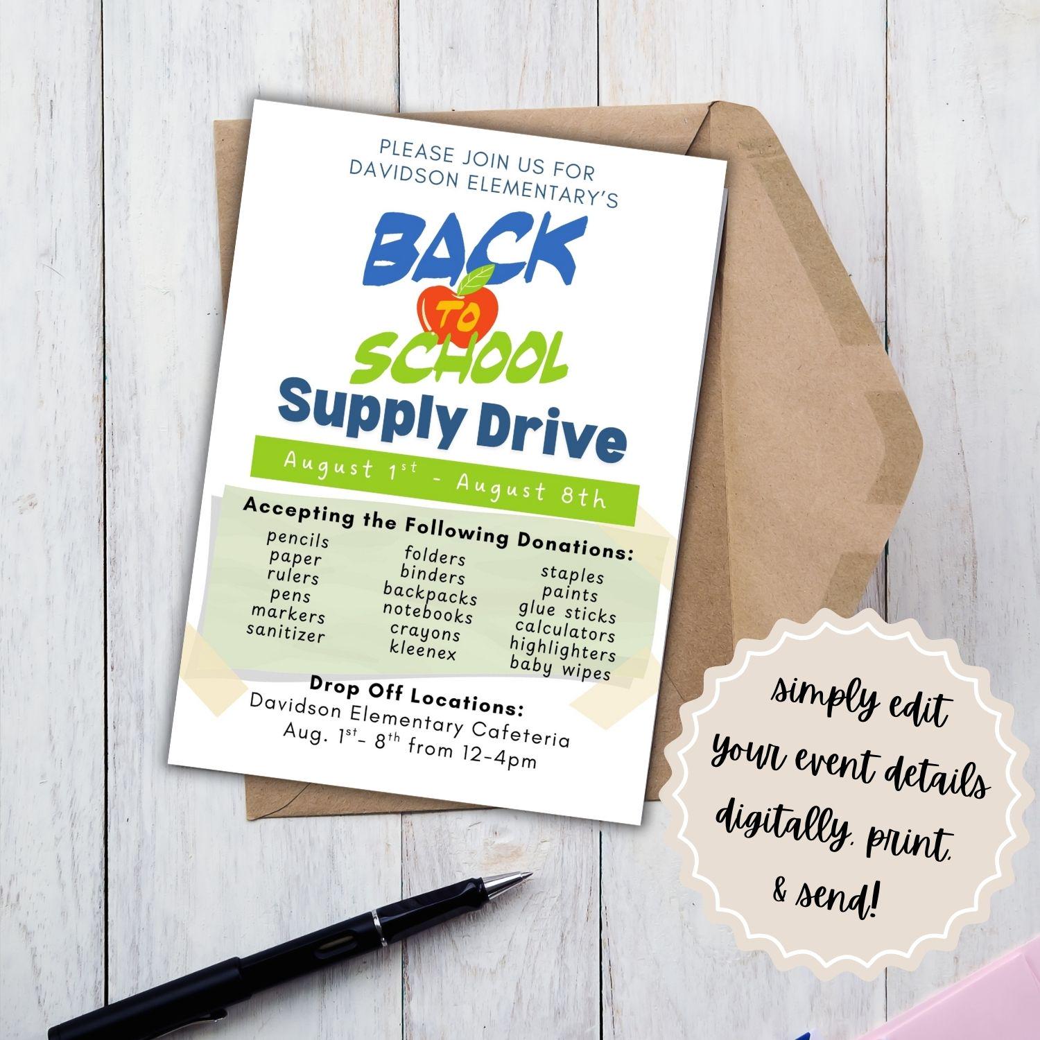 Printable Back to School Supply Drive | School Supply Drive | Back to School | Editable Template | Canva Template | Editable Poster