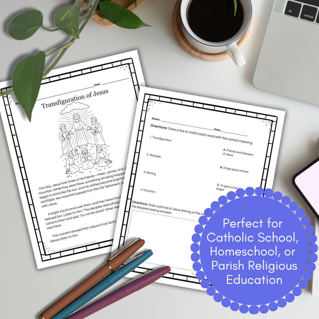 Printable Catholic Transfiguration of Jesus Lesson for Kids | Catholic School Lesson | Catholic Lessons for Kids | Catholic Feast Days