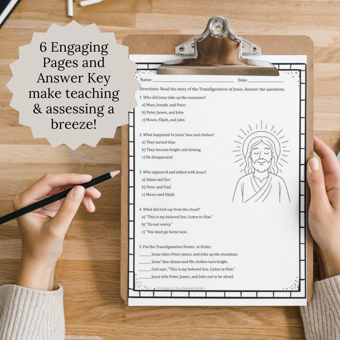 Printable Catholic Transfiguration of Jesus Lesson for Kids | Catholic School Lesson | Catholic Lessons for Kids | Catholic Feast Days