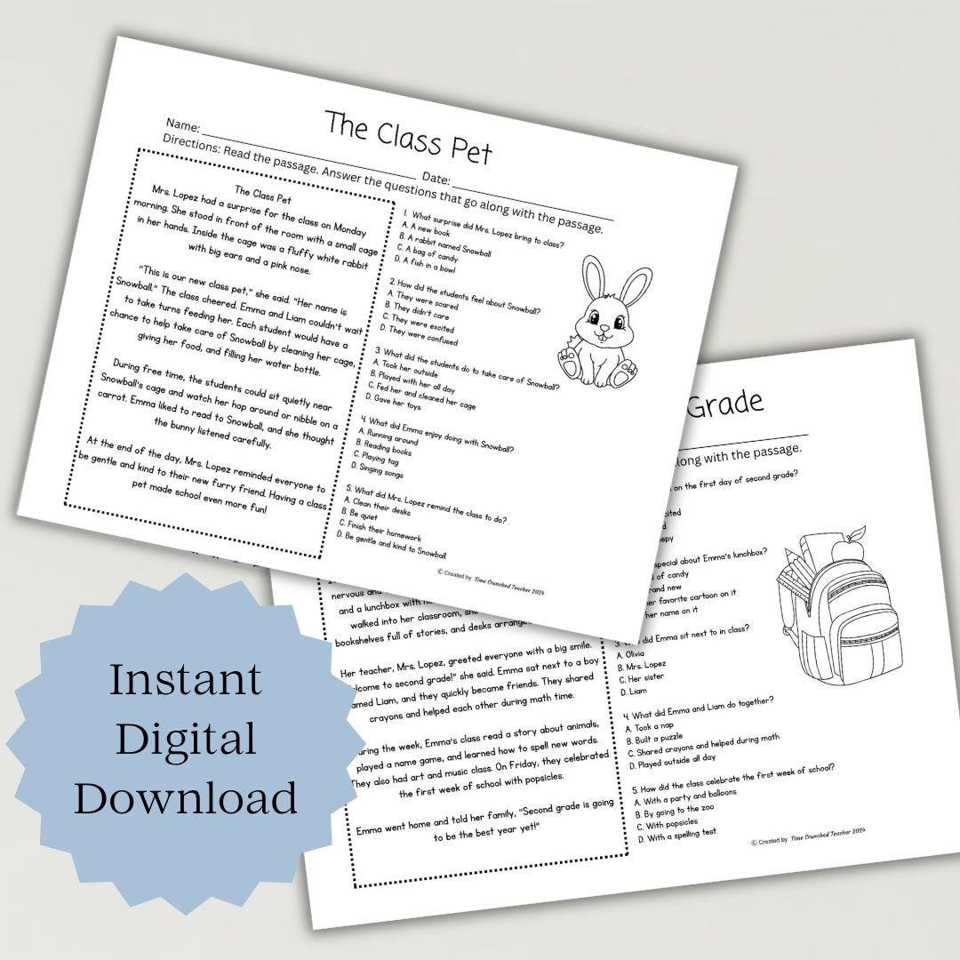 Printable 2nd Grade First Week of School Reading Comprehension Passages and Answer Keys Worksheets | Reading Worksheets | digital download