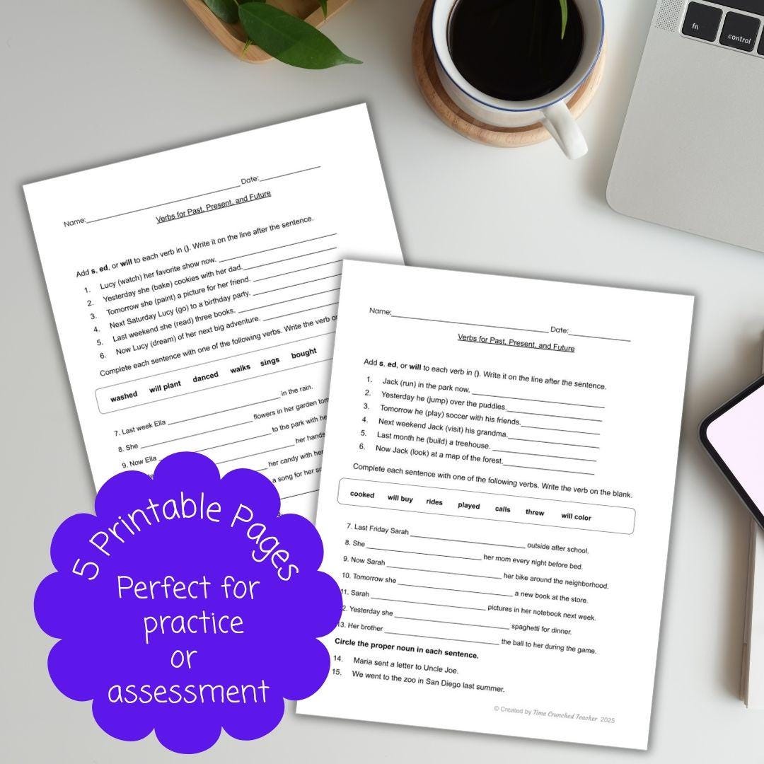 Past, Present, and Future Tense Verbs Worksheets | 2nd Grade Grammar Practice with Answer Keys | 2nd Grade Grammar Packet | ELA Worksheets