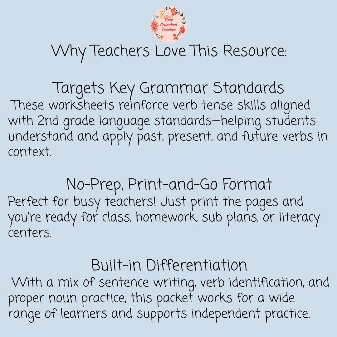 Past, Present, and Future Tense Verbs Worksheets | 2nd Grade Grammar Practice with Answer Keys | 2nd Grade Grammar Packet | ELA Worksheets
