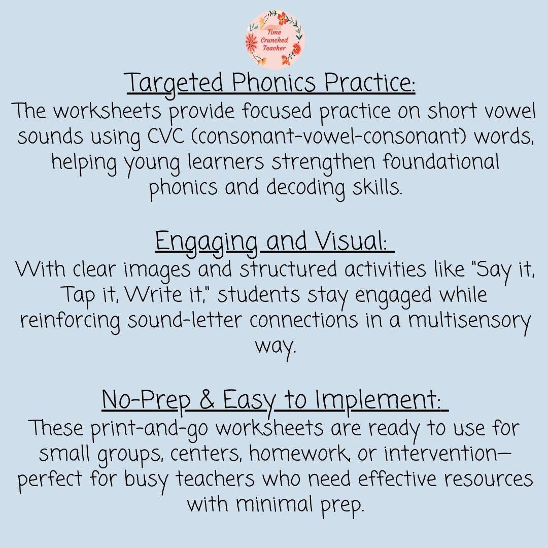 CVC Word Practice Packet | 1st Grade Short Vowel Worksheets | Say It Tap It Write It | Phonics Literacy Center Activities | ELA Worksheets