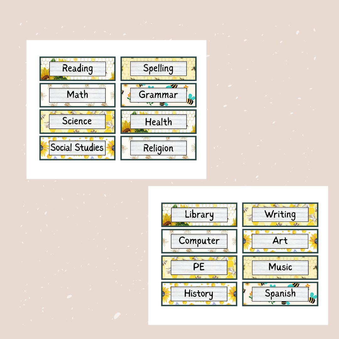 Bee Themed Subject Labels | 32 Printable Classroom Schedule Cards in 2 Sizes | Bee Themed Classroom | Printable Schedule Cards for Kids