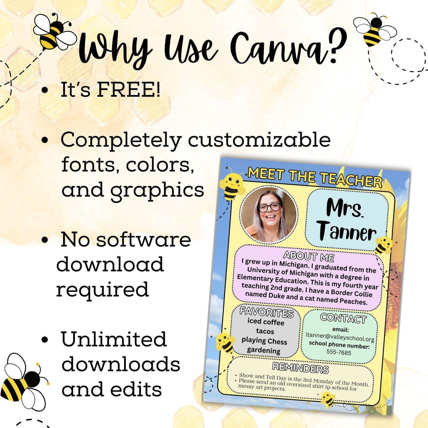 Bee Themed Meet the Teacher Template | Editable Canva Flyer | Back to School Handout | First Day of School | Parent Teacher Communication