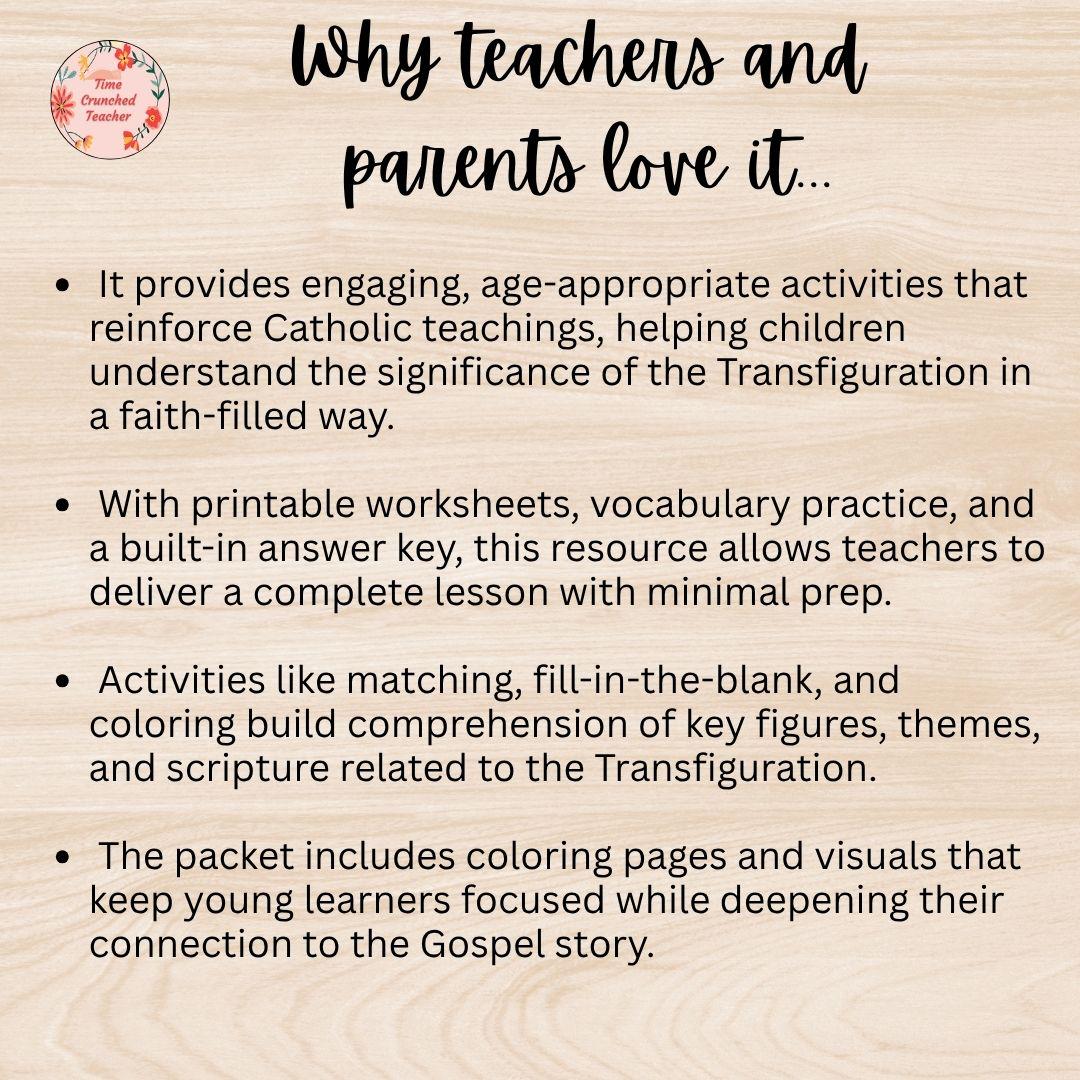 Printable Catholic Transfiguration of Jesus Lesson for Kids | Catholic School Lesson | Catholic Lessons for Kids | Catholic Feast Days