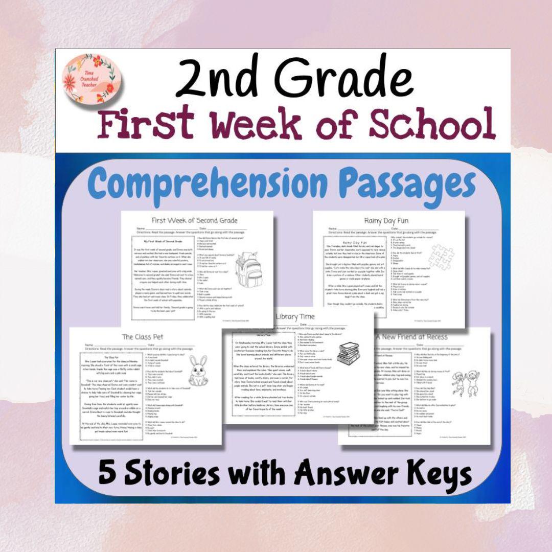 Printable 2nd Grade First Week of School Reading Comprehension Passages and Answer Keys Worksheets | Reading Worksheets | digital download