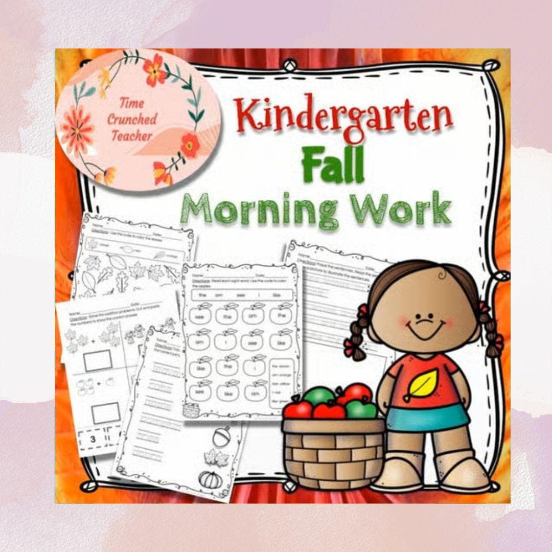 Kindergarten Fall Morning Work Packet | No Prep Literacy & Math Worksheets for October and November | Printable PDF | Handwriting Worksheets