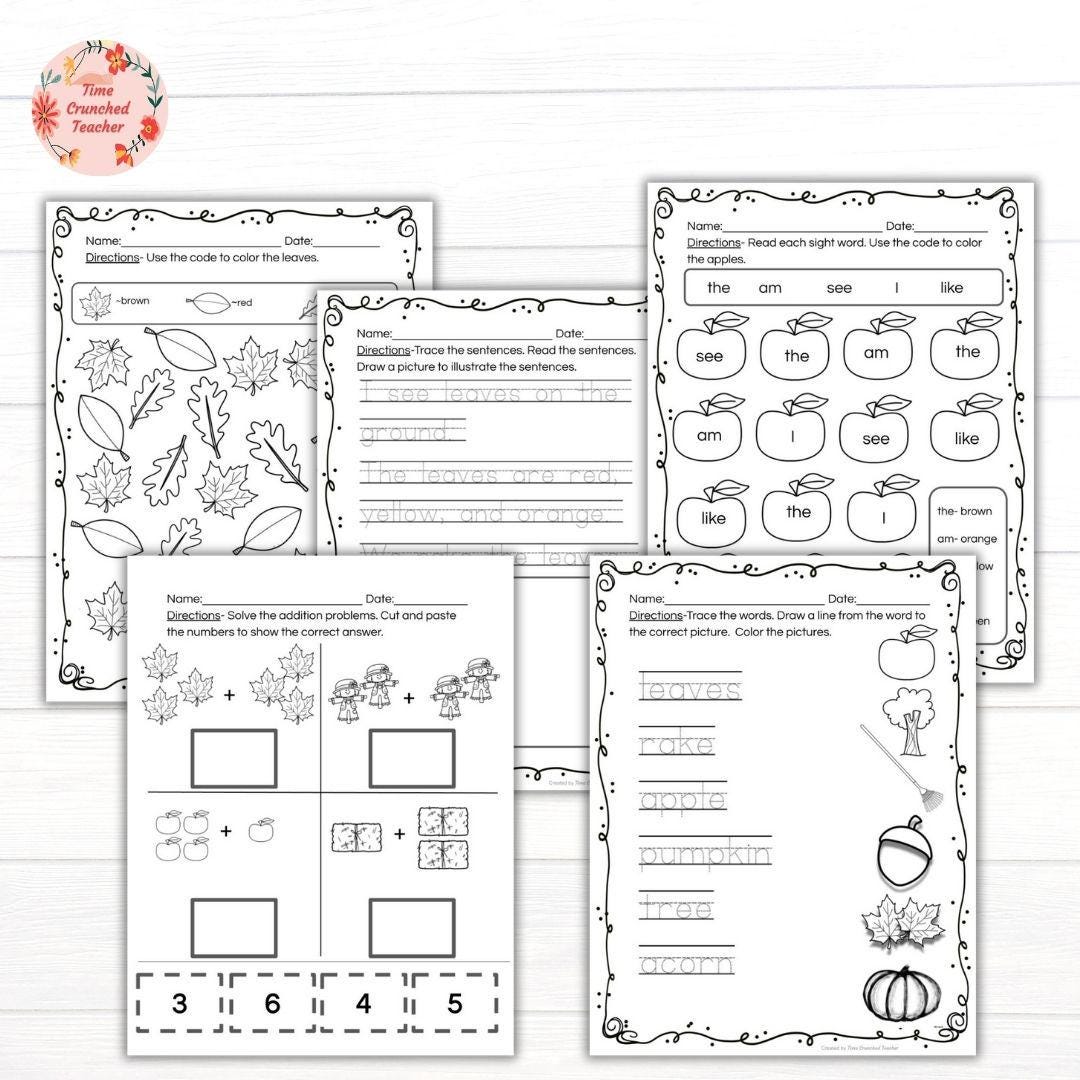 Kindergarten Fall Morning Work Packet | No Prep Literacy & Math Worksheets for October and November | Printable PDF | Handwriting Worksheets