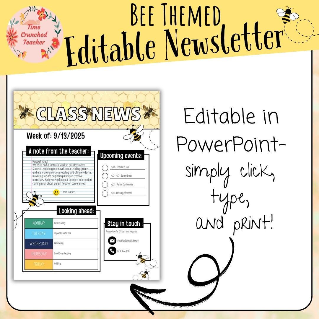 Bee Themed Editable Classroom Newsletter Template | Weekly Parent Communication | Printable Teacher Resource | Editable in PowerPoint