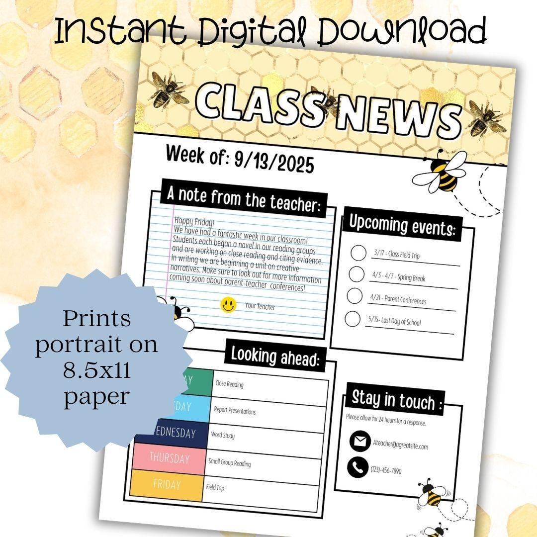 Bee Themed Editable Classroom Newsletter Template | Weekly Parent Communication | Printable Teacher Resource | Editable in PowerPoint
