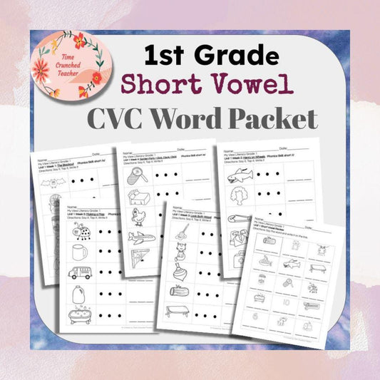 CVC Word Practice Packet | 1st Grade Short Vowel Worksheets | Say It Tap It Write It | Phonics Literacy Center Activities | ELA Worksheets