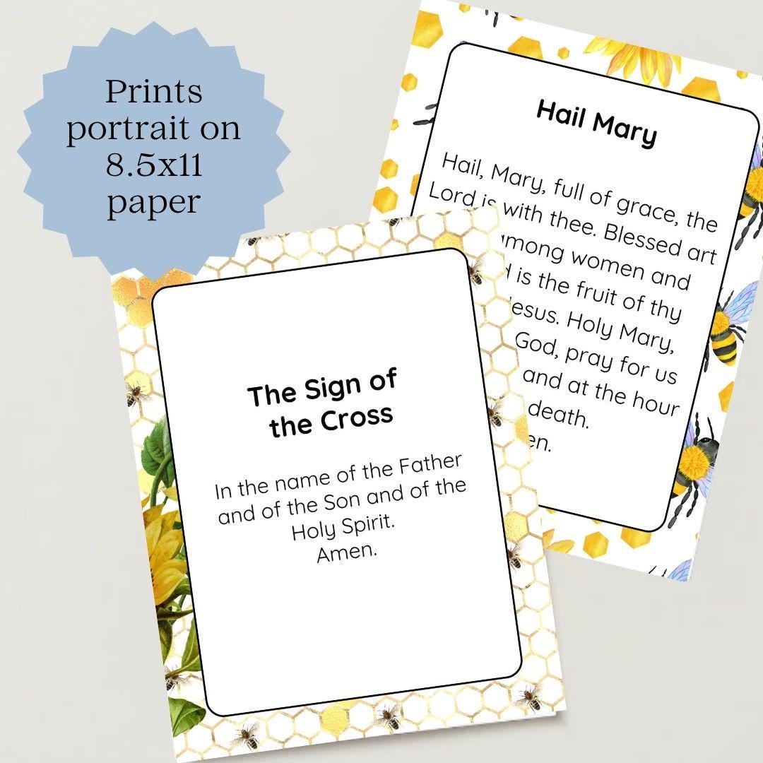Bee Themed Catholic Prayer Posters for Kids | 10 Printable Catholic Prayers | Morning Offering Act of Contrition | Religious Classroom Decor
