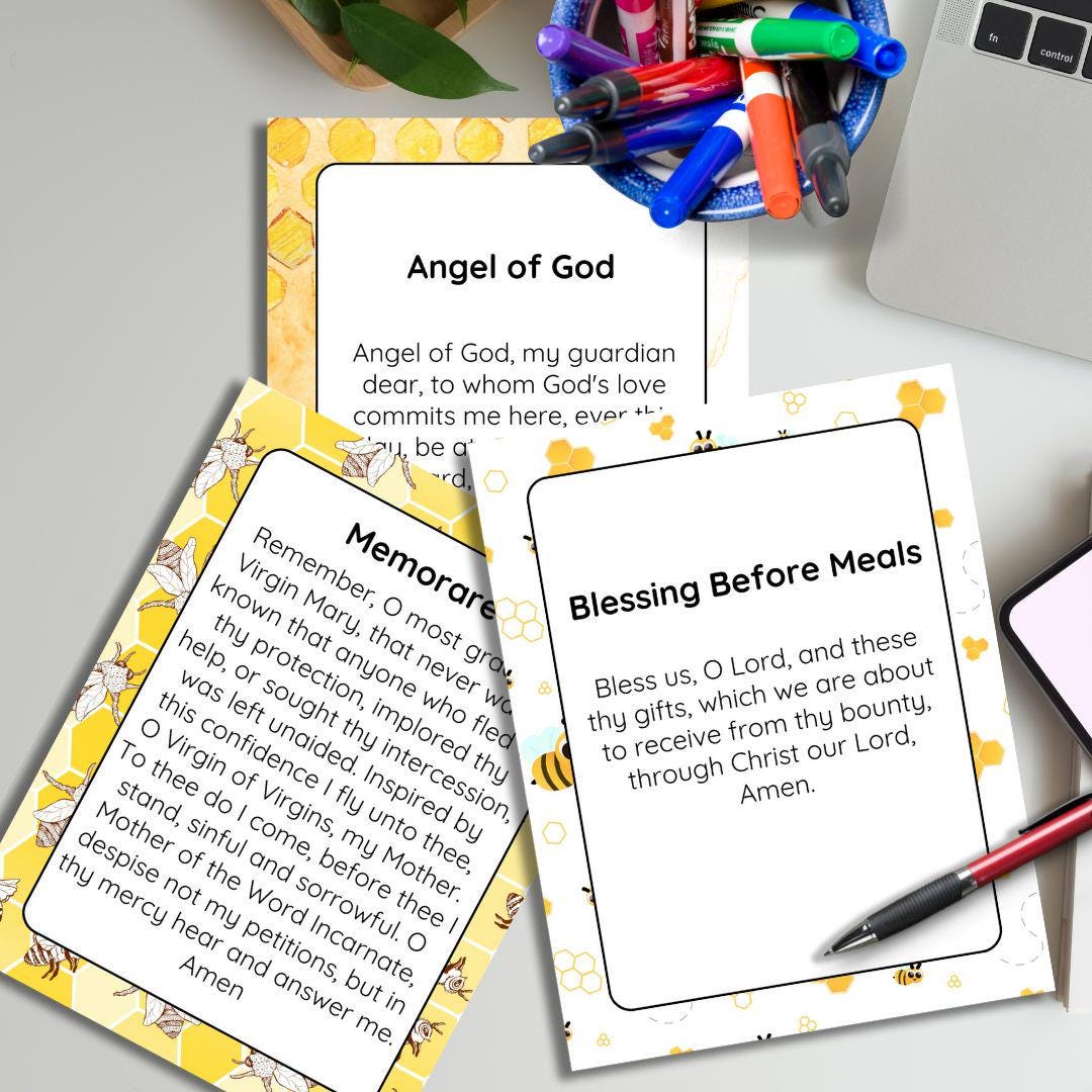 Bee Themed Catholic Prayer Posters for Kids | 10 Printable Catholic Prayers | Morning Offering Act of Contrition | Religious Classroom Decor