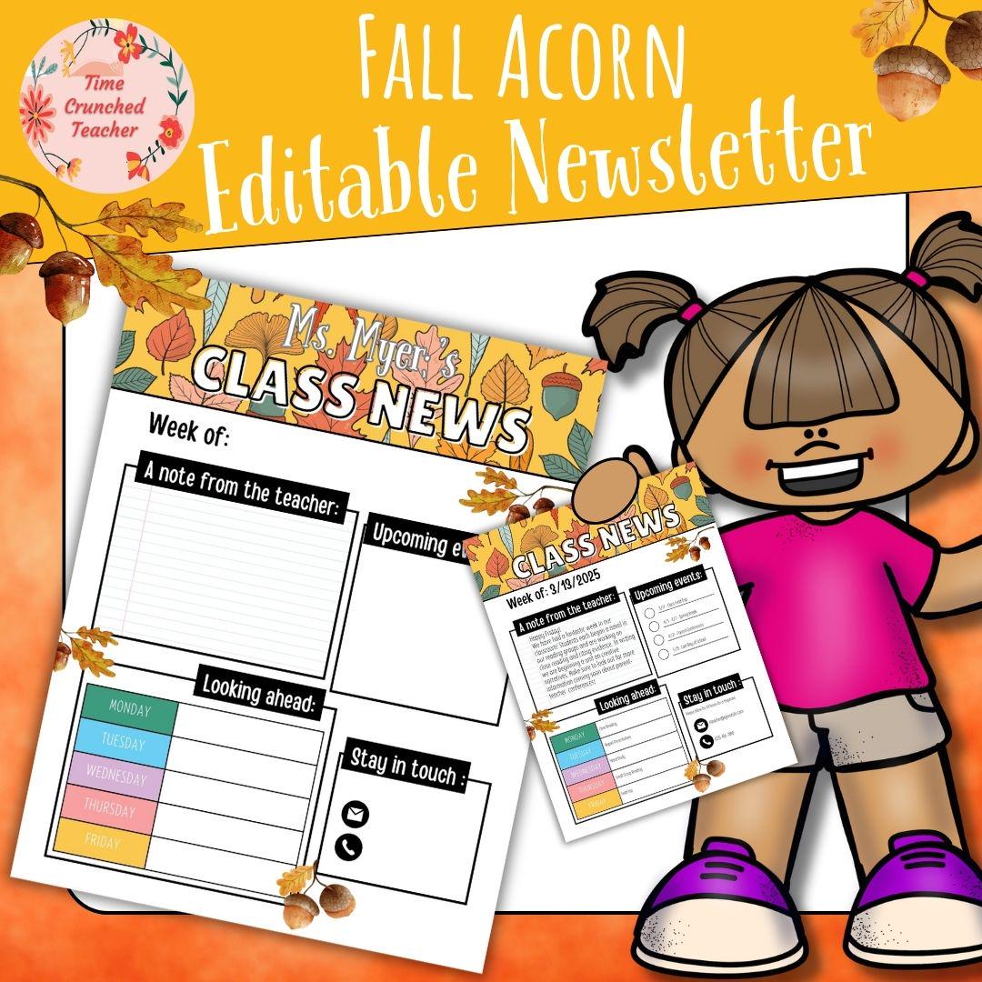 Fall Acorn Themed Editable Classroom Newsletter Template | Weekly Parent Communication | Printable Teacher Resource | Editable in PowerPoint