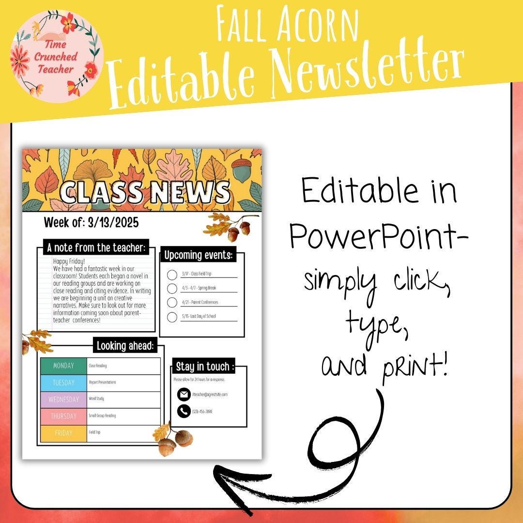 Fall Acorn Themed Editable Classroom Newsletter Template | Weekly Parent Communication | Printable Teacher Resource | Editable in PowerPoint