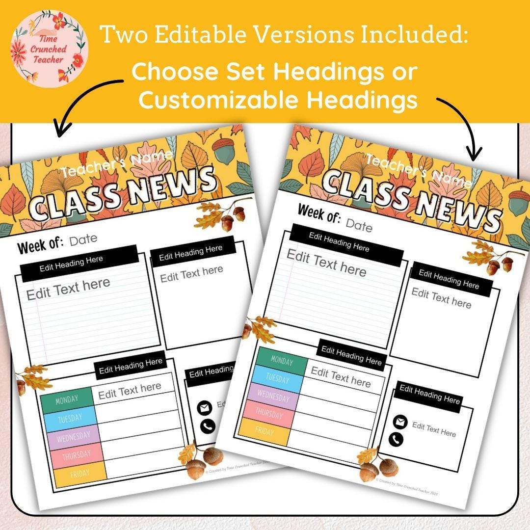 Fall Acorn Themed Editable Classroom Newsletter Template | Weekly Parent Communication | Printable Teacher Resource | Editable in PowerPoint