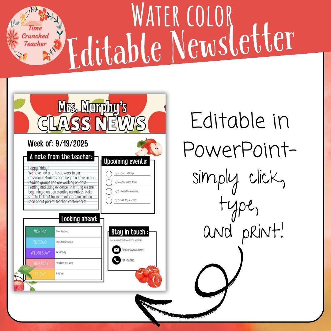 Apple Themed Editable Classroom Newsletter Template | Weekly Parent Communication | Printable Teacher Resource | Editable in PowerPoint