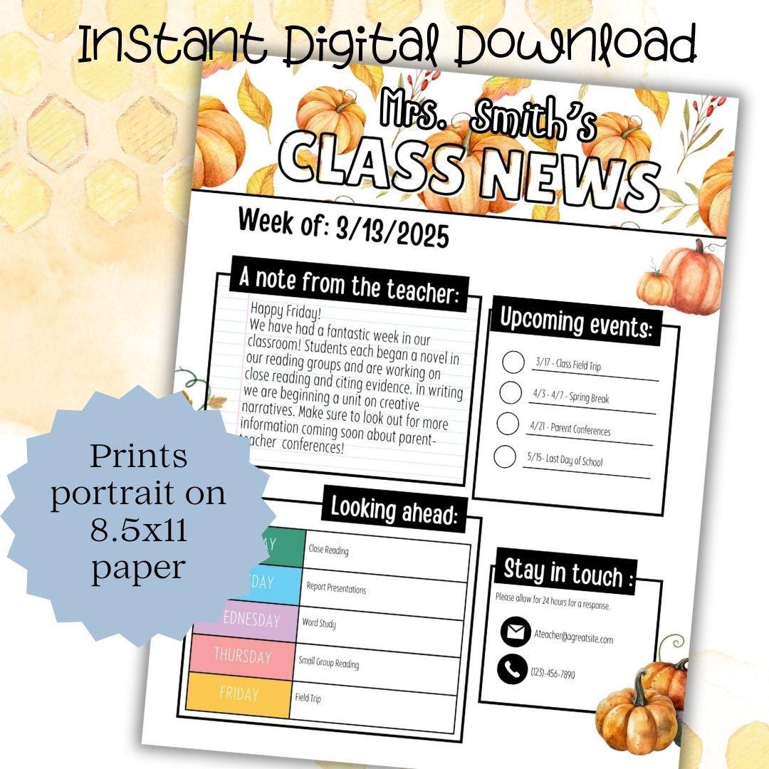 Pumpkin Themed Editable Classroom Newsletter Template | Weekly Parent Communication | Printable Teacher Resource | Editable in PowerPoint