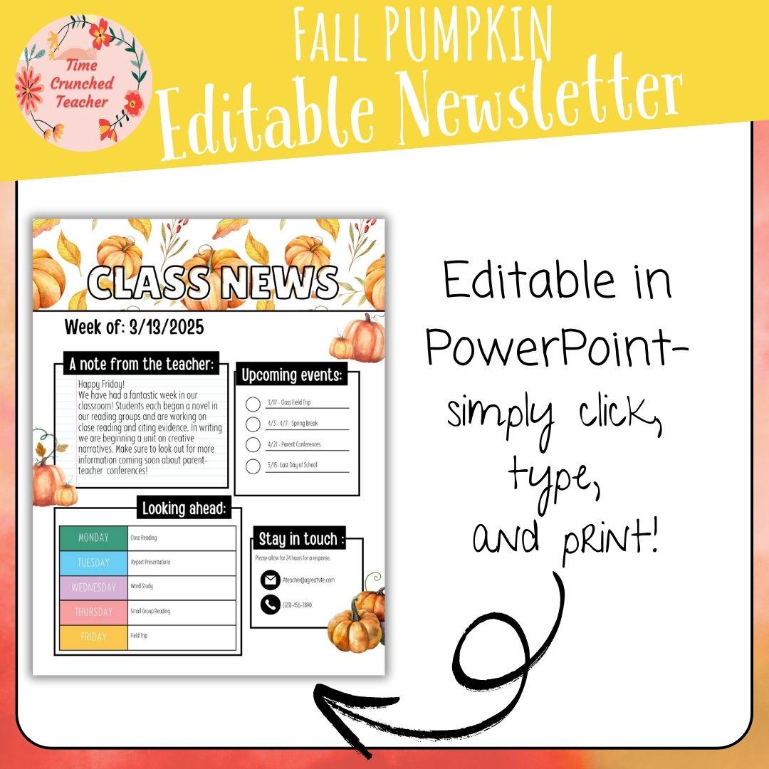 Pumpkin Themed Editable Classroom Newsletter Template | Weekly Parent Communication | Printable Teacher Resource | Editable in PowerPoint