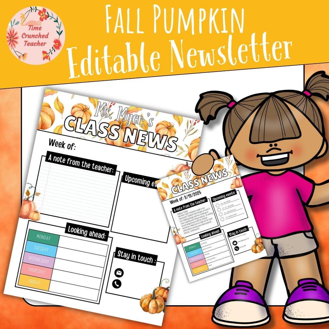 Pumpkin Themed Editable Classroom Newsletter Template | Weekly Parent Communication | Printable Teacher Resource | Editable in PowerPoint