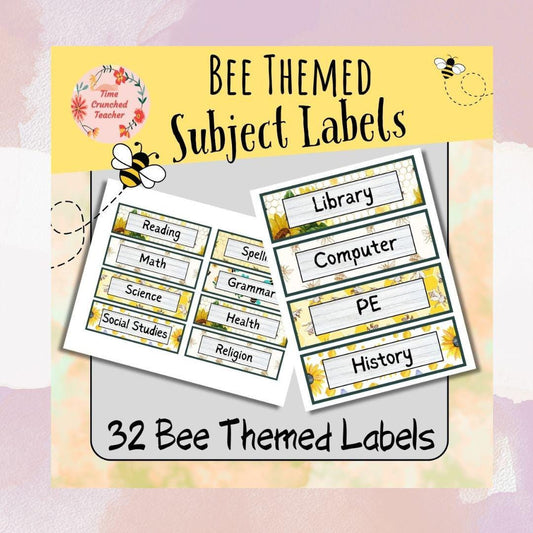 Bee Themed Subject Labels | 32 Printable Classroom Schedule Cards in 2 Sizes | Bee Themed Classroom | Printable Schedule Cards for Kids