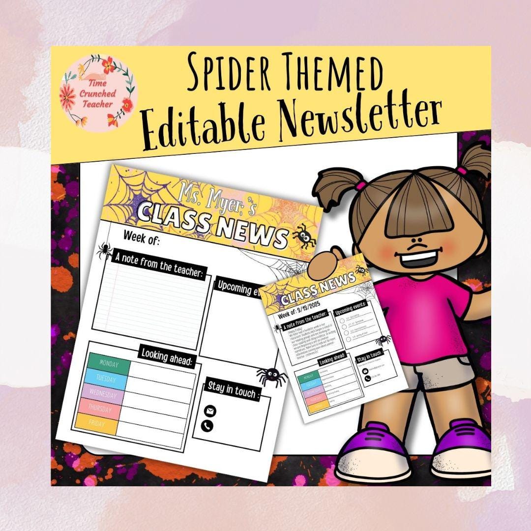 Spider Themed Editable Classroom Newsletter Template | Weekly Parent Communication | Printable Teacher Resource | Editable in PowerPoint