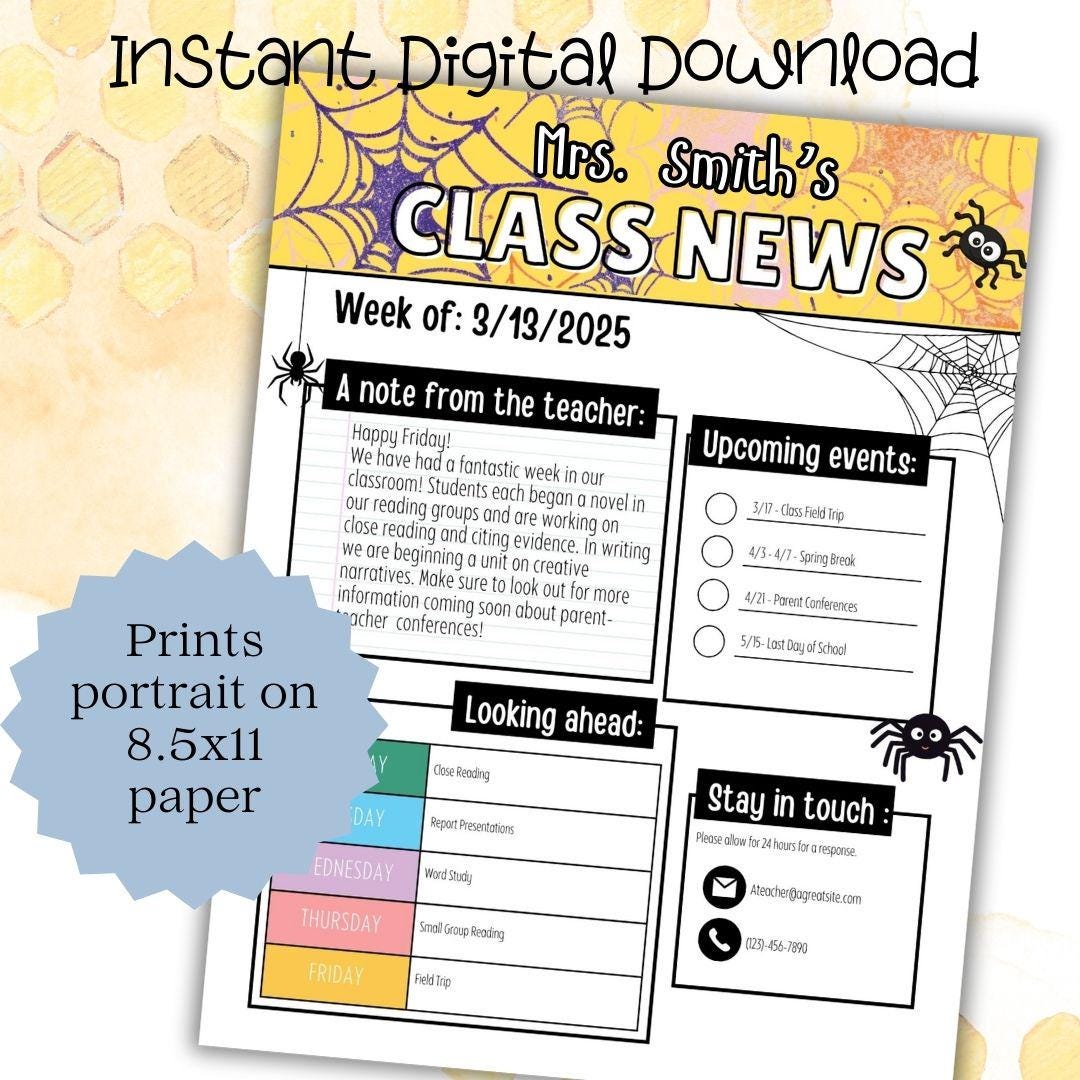 Spider Themed Editable Classroom Newsletter Template | Weekly Parent Communication | Printable Teacher Resource | Editable in PowerPoint