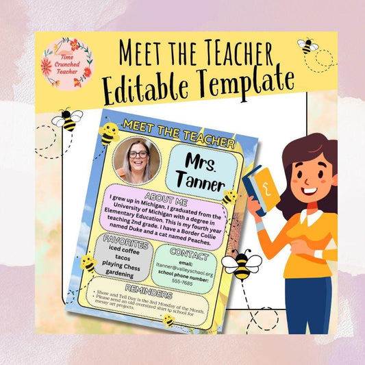 Bee Themed Meet the Teacher Template | Editable Canva Flyer | Back to School Handout | First Day of School | Parent Teacher Communication