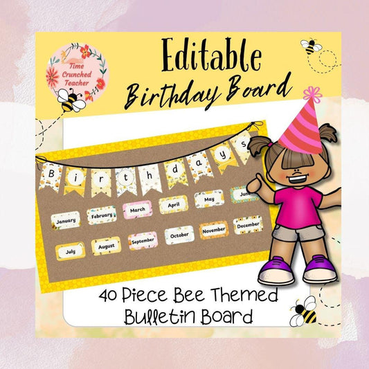Printable Happy Birthday Bulletin Board Set | Bee Themed Classroom | Bee Themed Birthday Board | Border and Editable Name Tags Included