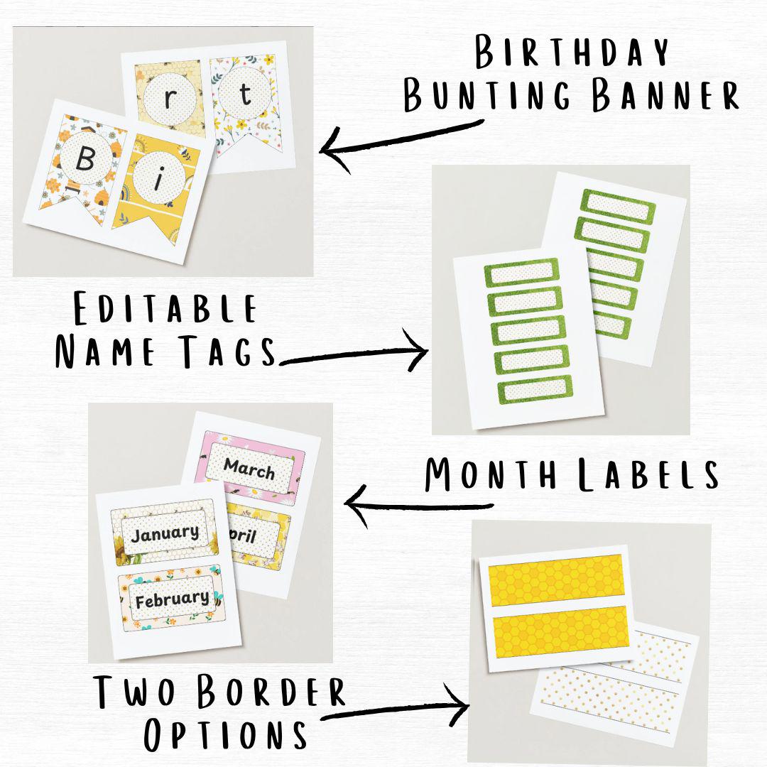 Printable Happy Birthday Bulletin Board Set | Bee Themed Classroom | Bee Themed Birthday Board | Border and Editable Name Tags Included