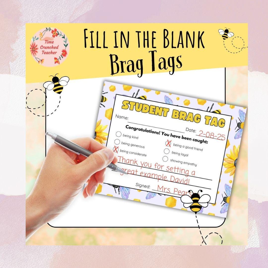 Bee Themed Printable Fill In the Blank Brag Tags | Teacher Notecards | Happy Note | Teacher Parent Communication | Digital Download