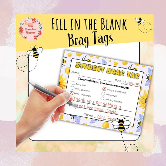 Bee Themed Printable Fill In the Blank Brag Tags | Teacher Notecards | Happy Note | Teacher Parent Communication | Digital Download