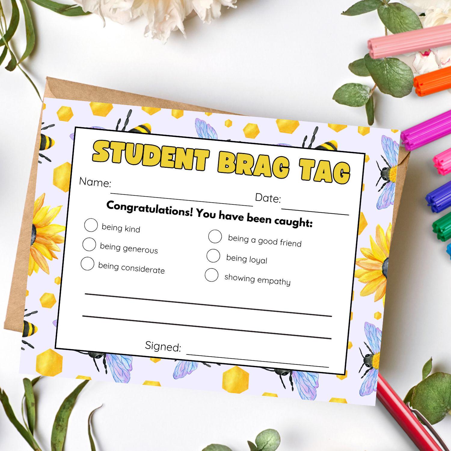 Bee Themed Printable Fill In the Blank Brag Tags | Teacher Notecards | Happy Note | Teacher Parent Communication | Digital Download